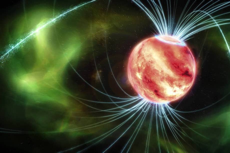 Recreación artística de la enana marrón LSR J1835+3259 (objeto central), con su campo magnético.