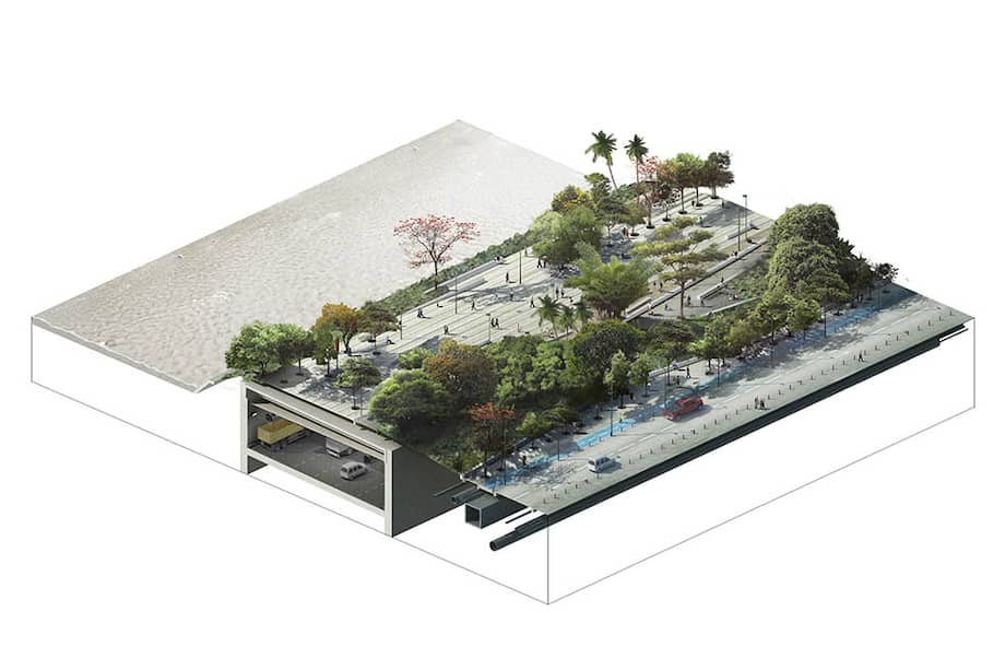 El plan proyecta convertir gran parte de la Autopista Sur en hileras de carriles soterrados sobre los que se levantarían una serie de parques. / Parques del Río Medellín