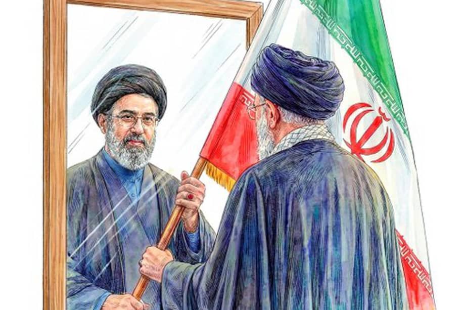 Imagen difundida en la cuenta en X @Khamenei_m del fallecido ayatolá, Ali Jameneí, donde se ve a Jameneí (d) entregando una bandera de Irán a su hijo Mojtaba Jameneí.