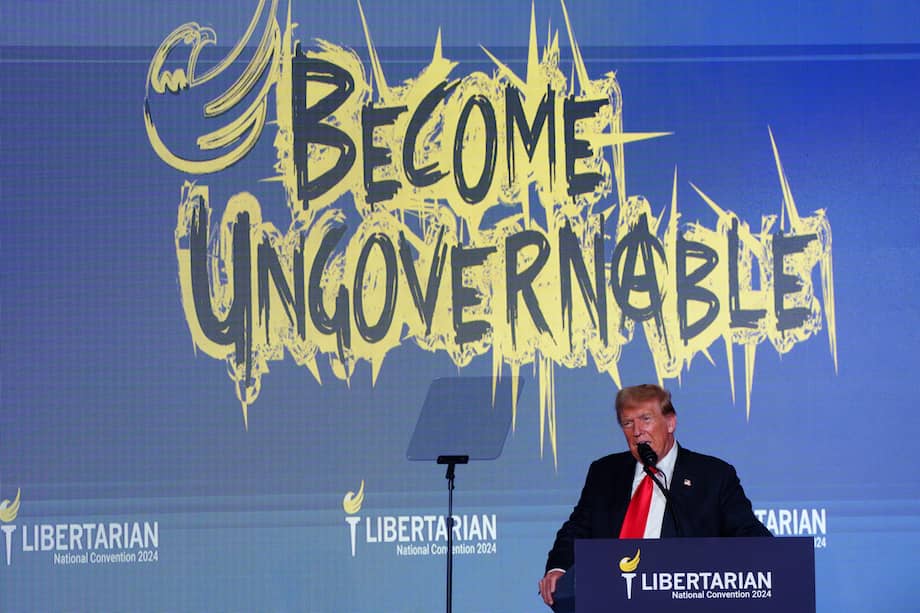 El expresidente estadounidense Donald Trump habla en la Convención Libertaria en Washington, DC, EE.UU., 25 de mayo de 2024. La Convención Libertaria se celebrará del 23 al 26 de mayo.