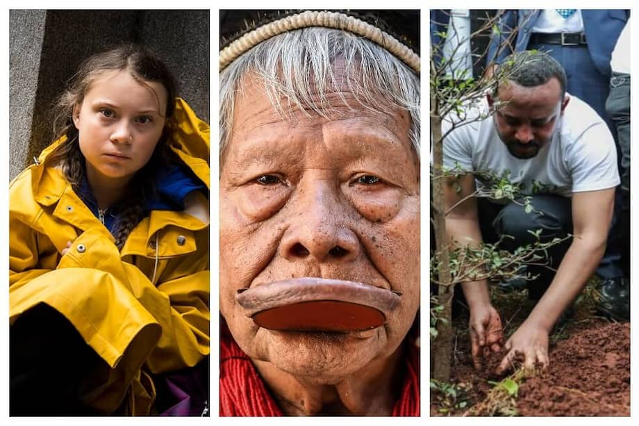 Greta Thunberg, el líder indígena brasileño Raoni Metuktire y el primer ministro etíope, Abiy Ahmed. / Getty Images y AFP
