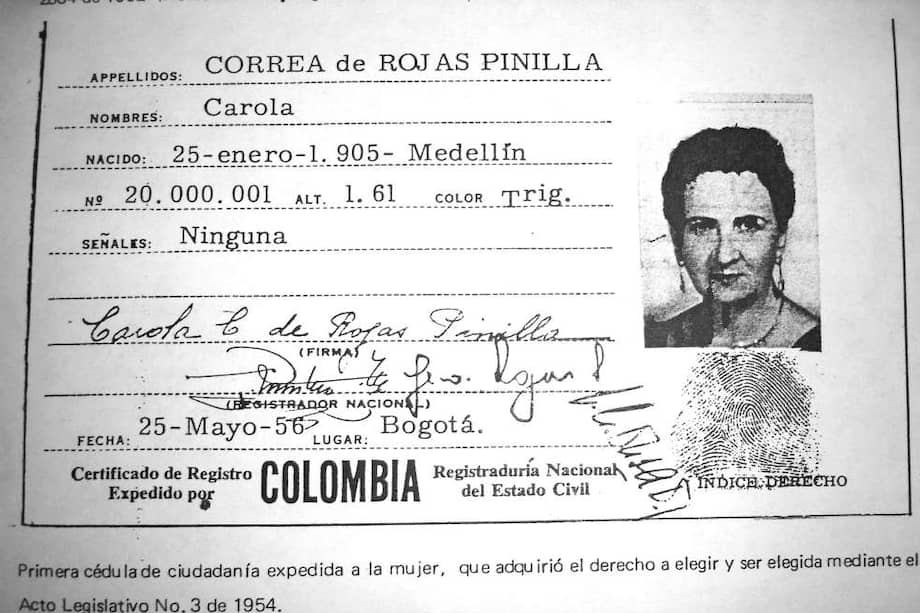 Primera cédula de ciudadanía expedida a una mujer en Colombia, en 1956. Se trata de la esposa del general Gustavo Rojas Pinilla. / Archivo