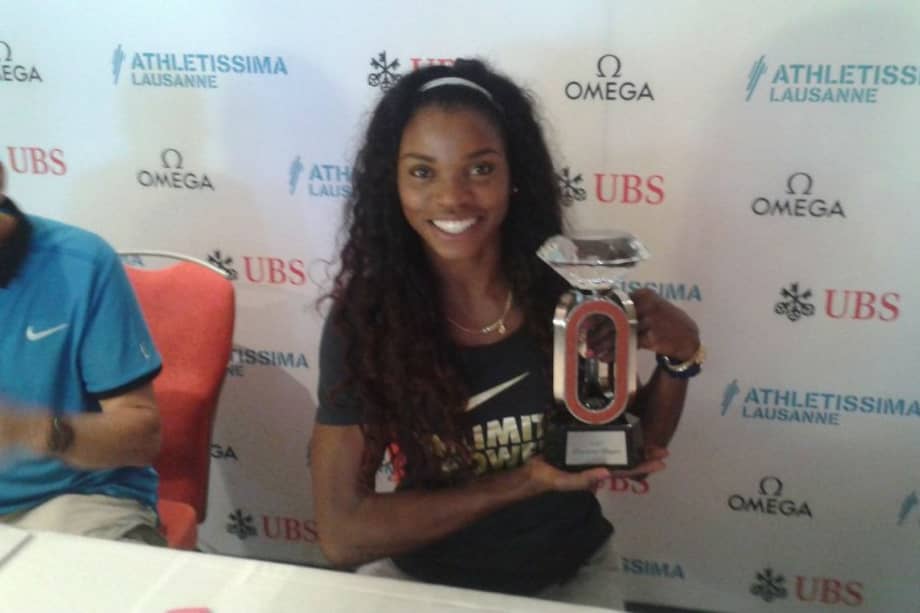 Caterine Ibargüen durante la rueda de prensa en Lausana, Suiza. Foto: Liga Diamante.