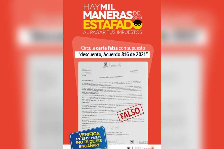 Con este documento están intentando estafar a los bogotanos para el pago de sus impuestos.