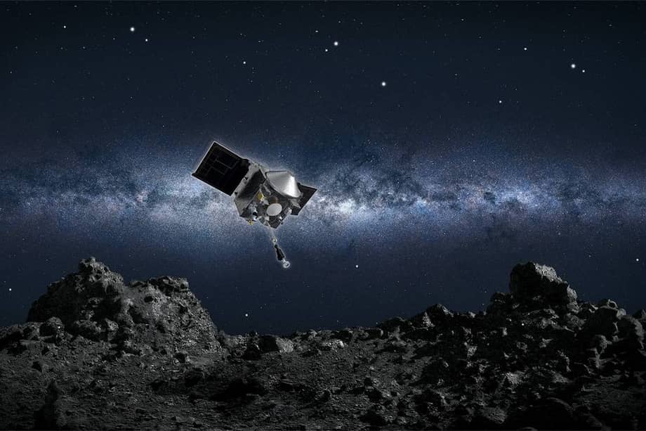 Ilustración de la nave OSIRIS-REx descendiendo al asteroide Bennu a tomar muestras. / NASA