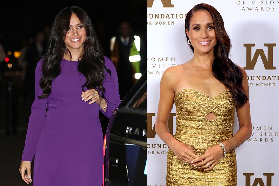 Meghan Markle deslumbró con su vestido dorado en Nueva York. Su 'look' recordó el estilo de Hollywood.