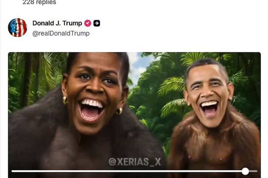 El presidente estadounidense, Donald Trump, publicó este jueves en su red Truth Social un vídeo sobre supuesto hackeo de máquinas de votación en el que en los últimos segundos aparecen el expresidente Barack Obama y su esposa, Michelle Obama, caracterizados como unos monos.