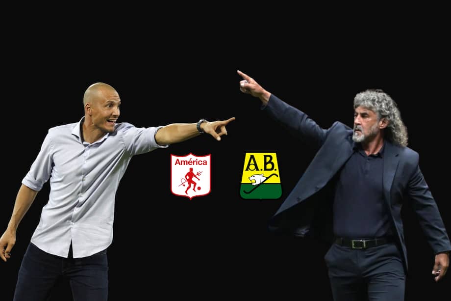 David González, técnico de América, y Leonel Álvarez, su homólogo de Bucaramanga.