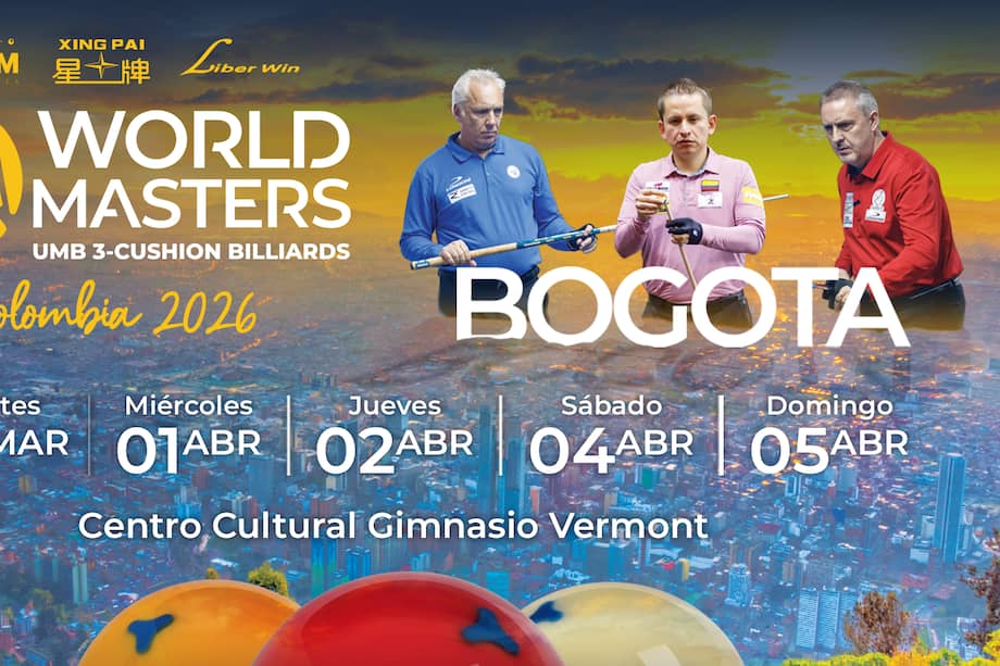 Afiche promocional del torneo internacional World Masters Colombia 2026 con las imágenes del campeón italiano Marco Zanetti, el colombiano Alexánder Salazar y el ya legendario campeón del billar a tres bandas, el belga Frederic Caudron.