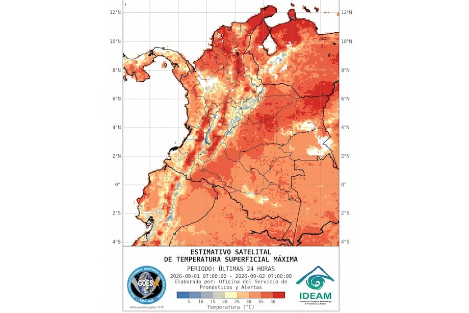 Mapa que muestra un estimativo de la temperatura superficial en Colombia.