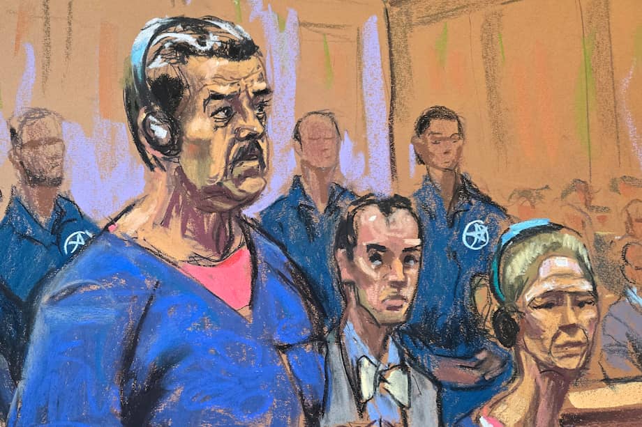 Ilustración de la artista Jane Rosenberg que retrata a Nicolás Maduro y Cilia Flores durante su comparecencia ante un tribunal federal en Nueva York.