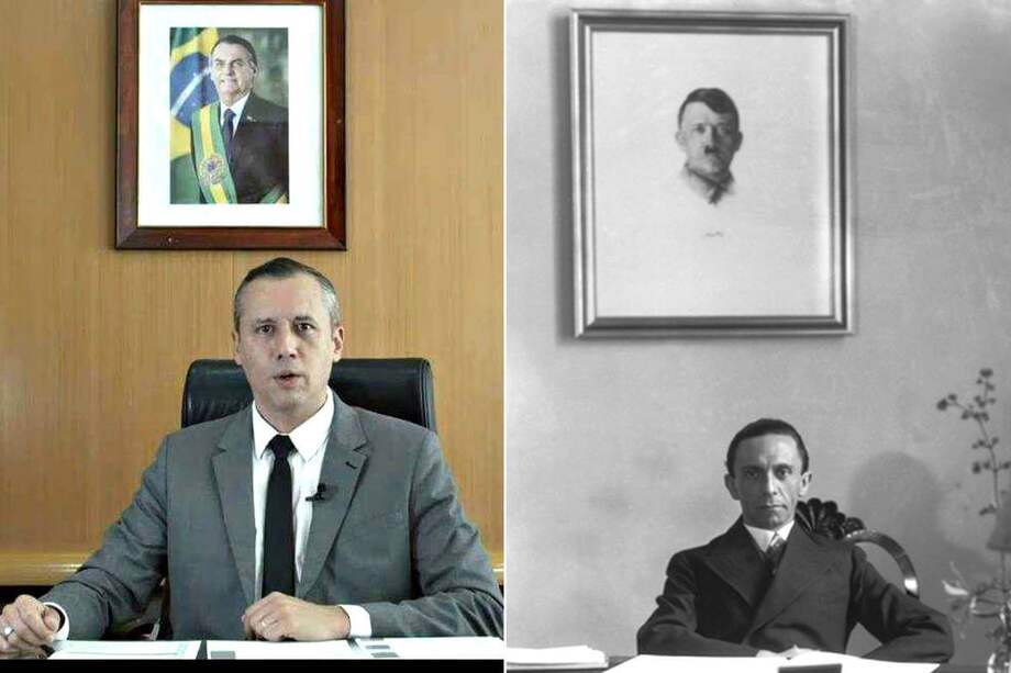 El secretario de Cultura del gobierno de Jair Bolsonaro, Roberto Alvim (izq), recibió críticas por un video en el que parafrase al jefe de propaganda nazi, Joseph Goebbels (der). / Fotomontaje / Atelier Bieber / Nather / Bildarchiv Preußischer Kulturbesitz