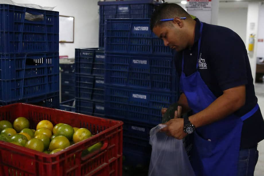 Un empleado de la Comercializadora Practifruver empaca frutas y verduras en Itagüí. / Luis Eduardo Noriega - EFE