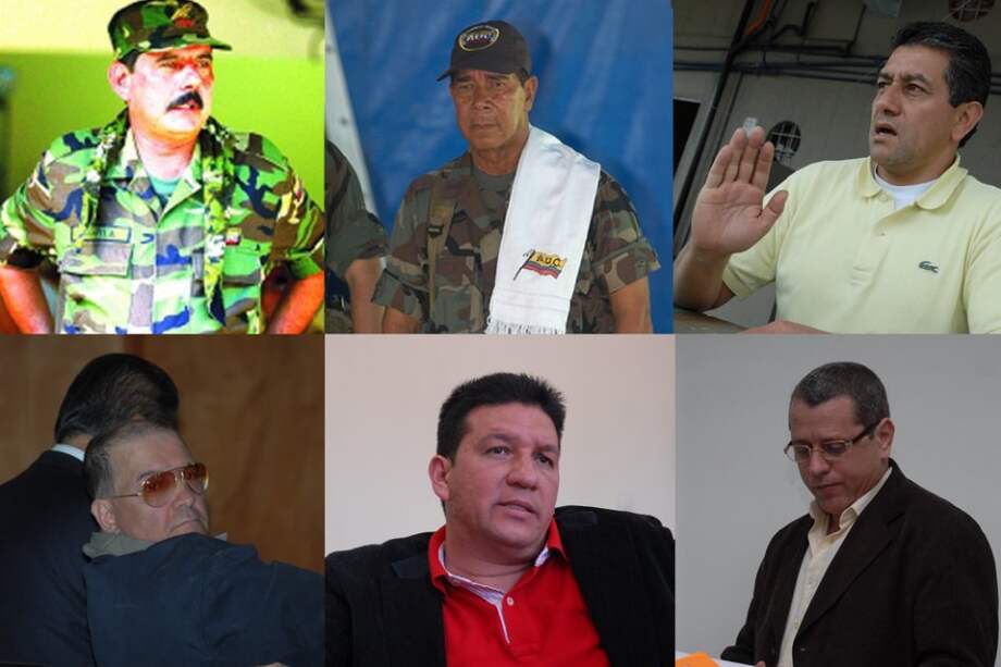 De izquierda a derecha y de arriba abajo: Luis Eduardo Cifuentes, alias 'El Águila', Ramón Isaza, alias 'El Viejo', Manuel de Jesús Pirabán, alias 'Jorge Pirata' , Iván Roberto Duque, alias 'Ernesto Báez'; Edwar Cobos Téllez, alias 'Diego Vecino'; y Rodrigo Pérez Alzate, alias 'Julián Bolívar'.
