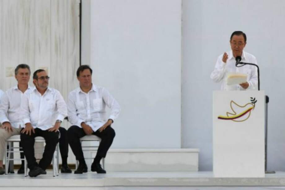 El secretario de la ONU, Ban Ki-moon, durante la firma del acuerdo de paz colombiano. / AFP