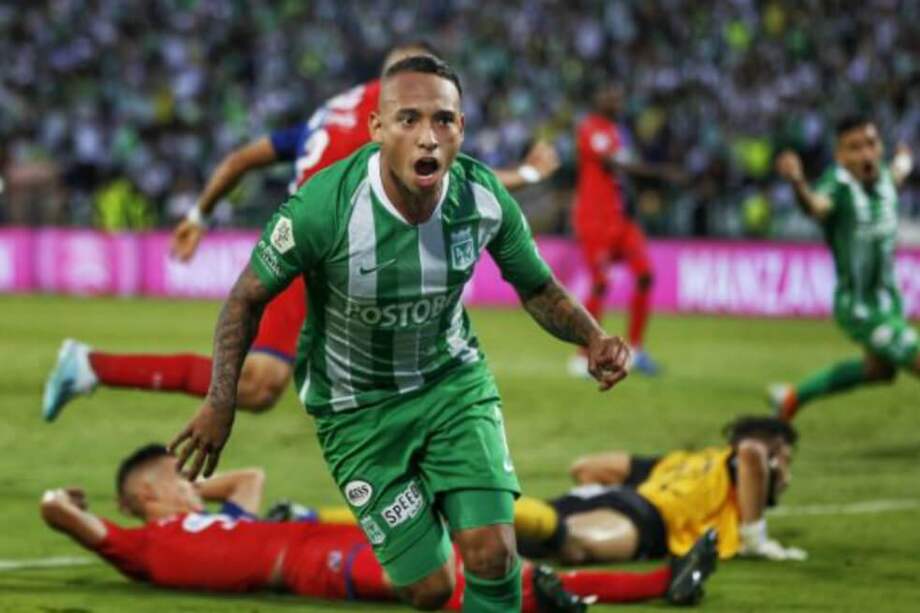 Jarlan Barrera, volante de Atlético Nacional celebrando un gol contra Independiente Medellín. / @nacionaloficial