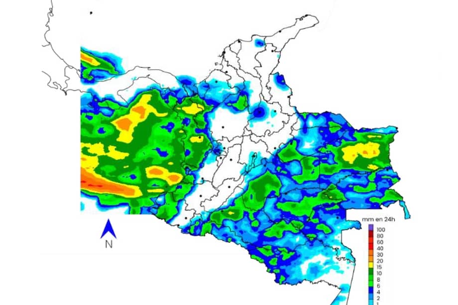 Imagen del pronóstico de precipitación acumulada en 24 horas, desde la mañana del 17 de julio.