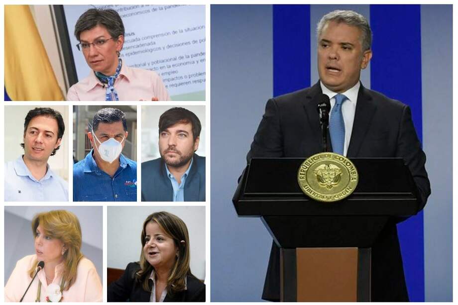 Izquierda, de forma descendente: Claudia López, Daniel Quintero, Jorge Iván Ospina, Jaime Pumarejo, Clara Luz Roldán y Elsa Noguera. /Derecha, el presidente Iván Duque.