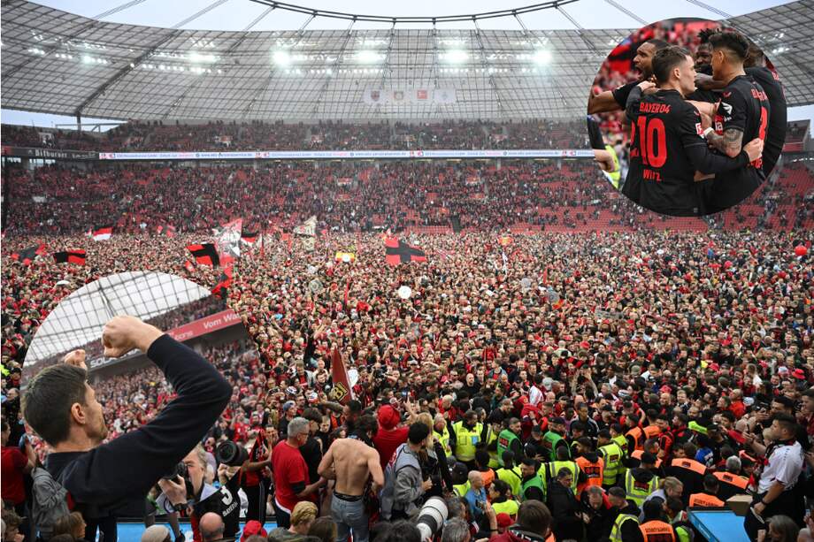 Así quedó la cancha de Bayer Leverkusen, tras el título de la Bundesliga.
