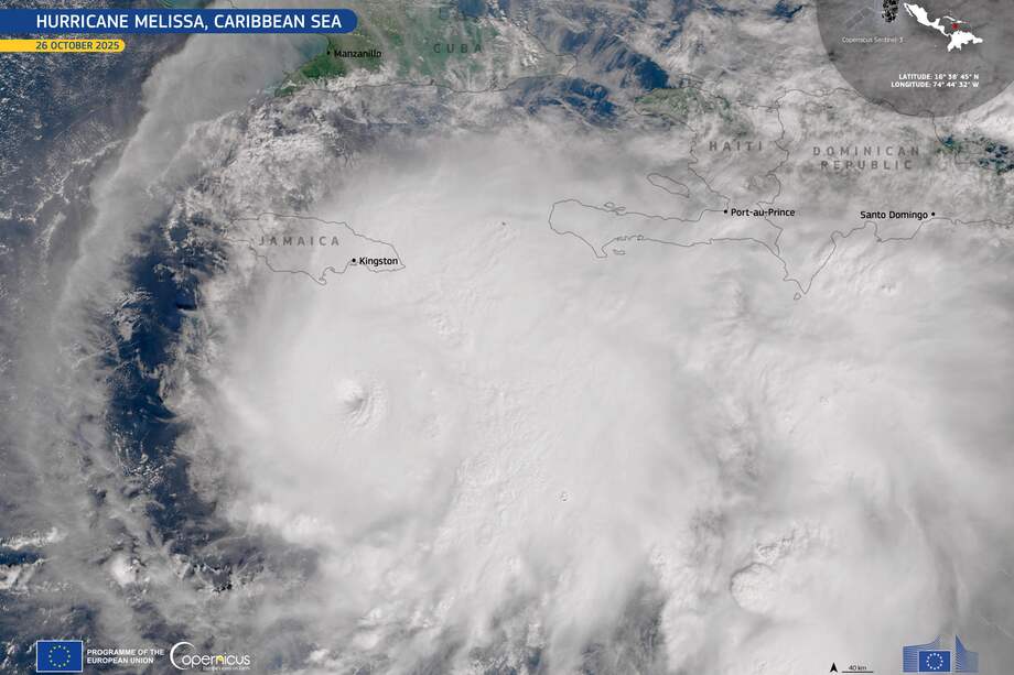 MADRID, 27/10/2025.- El huracán Melissa, formado como tormenta tropical el martes pasado en el mar Caribe, ha alcanzado la categoría 5, según el Centro Nacional de Huracanes (NHC, en inglés) de Estados Unidos, que prevé vientos destructivos, marejada ciclónica e inundaciones catastróficas que empeorarán en Jamaica durante el día y hasta esta noche. La previsión es que Melissa golpee como huracán a Jamaica este lunes y a Cuba el martes o el miércoles, además de causar lluvias en Haití y en la República Dominicana, donde un millón de usuarios quedaron sin agua. EFE/ Unión Europea, Imágenes De Sentinel-3 De Copernicus SOLO USO EDITORIAL/SOLO DISPONIBLE PARA ILUSTRAR LA NOTICIA QUE ACOMPAÑA (CRÉDITO OBLIGATORIO)