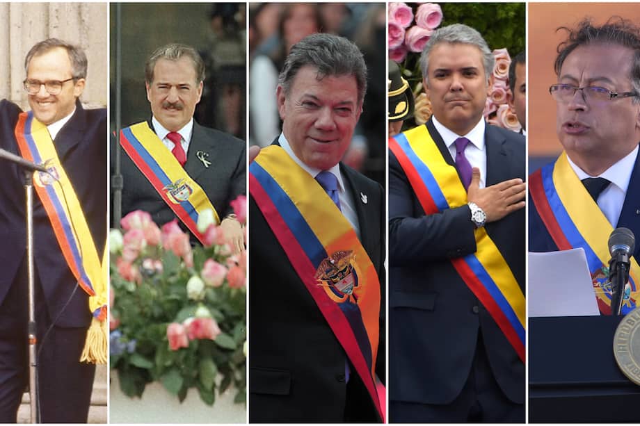 De izquierda a derecha, los presidentes que han estado en segundas vueltas: Ernesto Samper, Andrés Pastrana, Juan Manuel Santos, Iván Duque y Gustavo Petro.