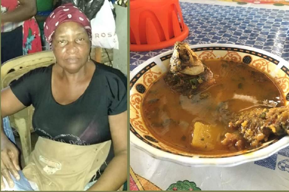 María, una mujer de 53 años, nacida en Vigía del fuerte, y uno de los platos de comida típica de la región que vende en su local en la plaza de mercado de Quibdó.