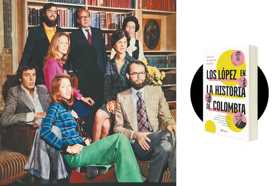 Los López Caballero, en cabeza del expresidente Alfonso y su esposa Cecilia Caballero (atrás der.). Al lado, la portada del libro de Óscar Alarcón.