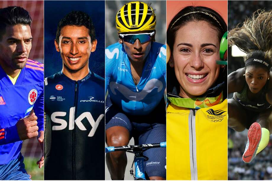 De izq. a der., Radamel Falcao García, Egan Bernal, Nairo Quintana, Mariana Pajón y Caterine Ibargüen. / AFP, EFE y SKY