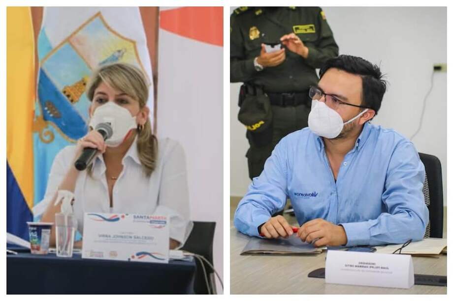 La alcaldesa de Santa Marta (izquierda), encabeza con 86,6 %, seguida del alcalde de Villavicencio, con una calificación de 84,9 %. / Tomada de Facebook/villavoalcaldia-JohnsonVirna