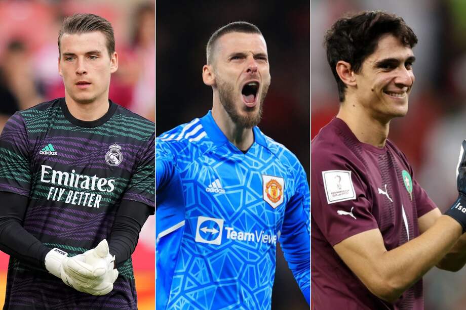 Los guardametas Andriy Lunin (izq.), David De Gea y Yassine Bounou.