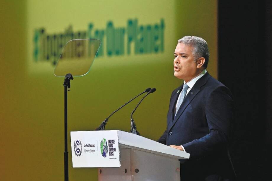 El presidente Iván Duque en una de sus intervenciones en la Cumbre Climática COP26, en Glasgow (Escocia). / AFP
