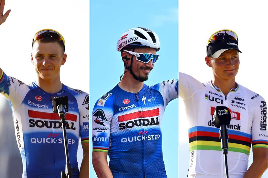 De izquierda a derecha: Los pedalistas Mathieu van der Poel, Julian Alaphilippe y Remco Evenepoel.
