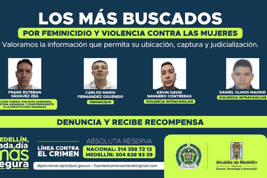 Cuatro hombres son requeridos por la justicia por delitos relacionados con feminicidio, abusos sexuales y violencia intrafamiliar en el Valle de Aburrá.