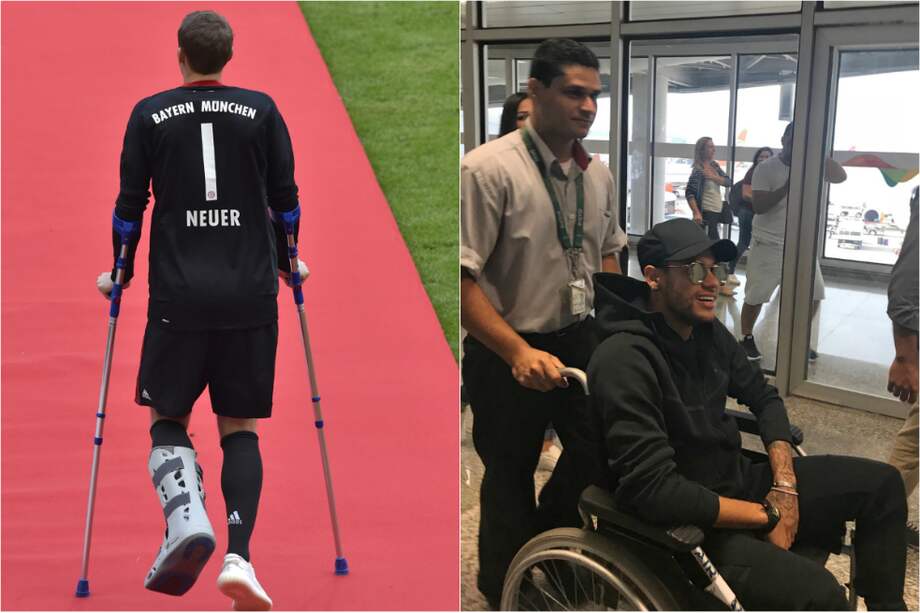 Manuel Neuer y Neymar, figuras de Alemania y Brasil, que tienen en peligro su presencia en Rusia 2018. / AFP