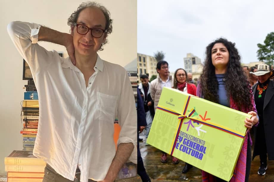 A la izquierda, Gonzalo Castellanos, quien hasta 2025 asesoró la construcción del proyecto de fortalecimiento de la legislación cultural conocido como “La ley que nos une”. A la derecha, la ministra de Cultura durante la firma del proyecto de Ley general de Cultura en la Plazoleta Rafael Nuñez, en mayo de 2025.