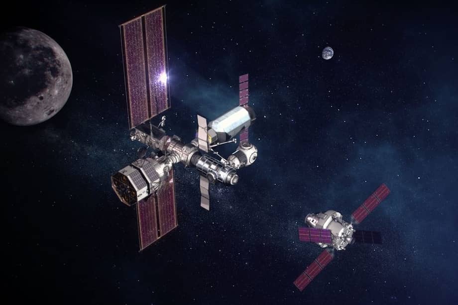Ilustración de una nave Orion acercándose a la estación orbital lunar Gateway.