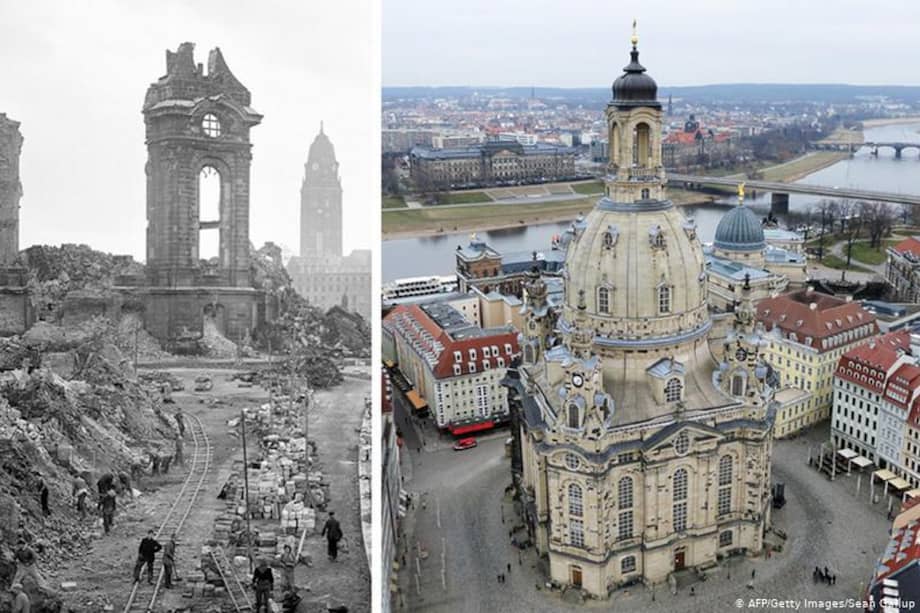 Imagen de la emblemática Frauenkirche, en 1952, durante la reconstrucción, y en 2005, después de terminada la restauración.