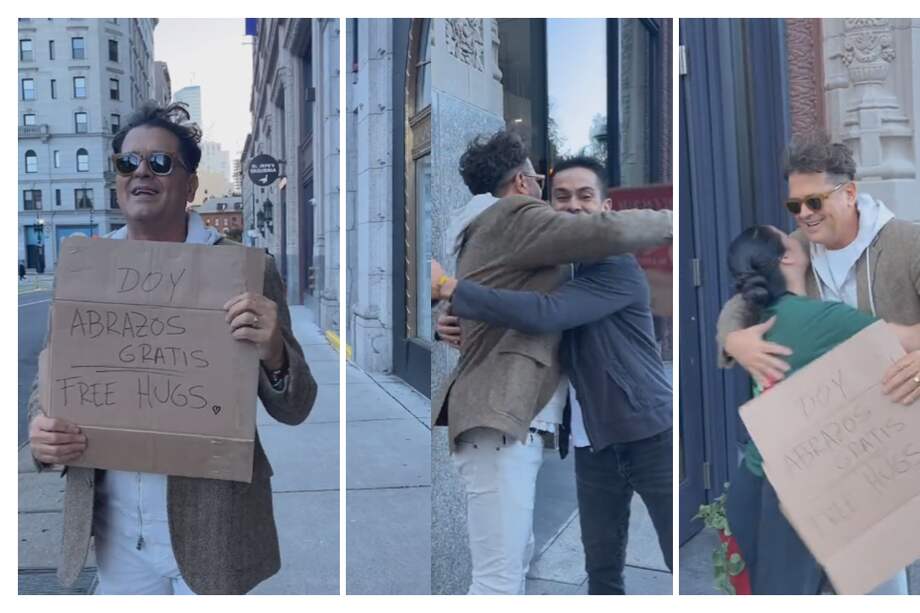 El cantante samario Carlos Vives estuvo en la capital de Massachusetts con un cartel que decía “doy abrazos gratis”.