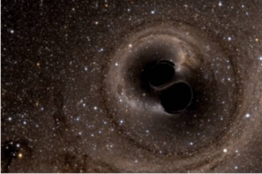 La colisión de dos agujeros negros hace 1.300 millones de años (como se muestra en esta animación) produjo ondas gravitacionales que fueron detectadas por primera vez por los investigadores en el Observatorio de Ondas Gravitatorias del Láser Interferométrico (LIGO). / Caltech