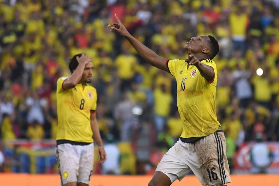Yerry Mina celebra su primer gol con el seleccionado colombiano. Foto: AFP