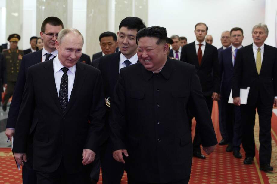 Imagen de archivo de Vladimir Putin, presidente de Rusia, y el líder norcoreano, Kim Jong Un.