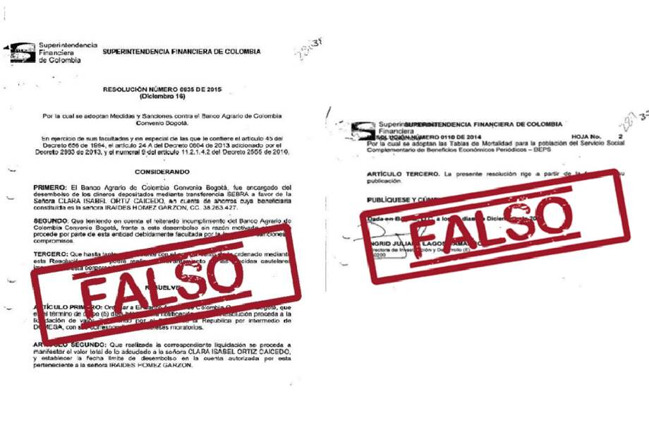 Con falsos documentos, los delincuentes buscan engañar a sus víctimas haciéndoles creer que han sido merecedores de saldos a favor producto de sanciones a entidades bancarias. / Superintendencia Financiera de Colombia