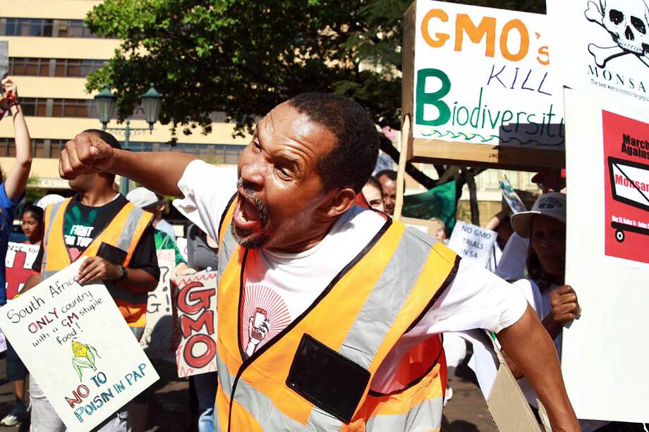 Un activista en las manifestaciones en contra del gigante Monsanto, en Durbán (Sudáfrica). / AFP