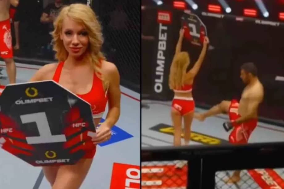 En plena pelea de la MMA HFC, Ali Heibati pateó a la ‘ring girl’ Maria Andrianova.