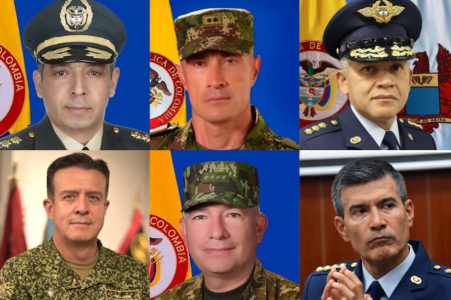 Arriba, la nueva cúpula militar: generales Hugo Alejandro López Barreto, Royer Gómez Herrera y Carlos Fernando Silva Rueda. Abajo, saliente cúpula militar: almirante Francisco Cubides y los generales Luis Emilio Cardozo y Luis Carlos Córdoba.