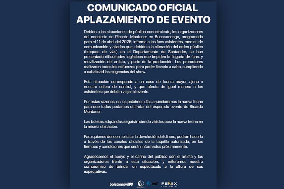 Comunicado del aplazamiento del concierto de Ricardo Montaner en Bucaramanga.