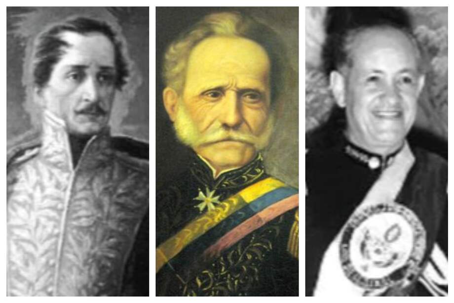 De izquierda a derecha: Francisco de Paula Santander, Tomás Cipriano de Mosquera y Gustavo Rojas Pinilla.