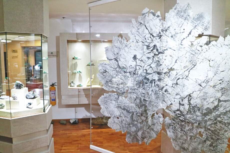 Escenografía de la obra donde están las hojas expuestas en fractales gigantes. / Cortesía Patricia Sáenz