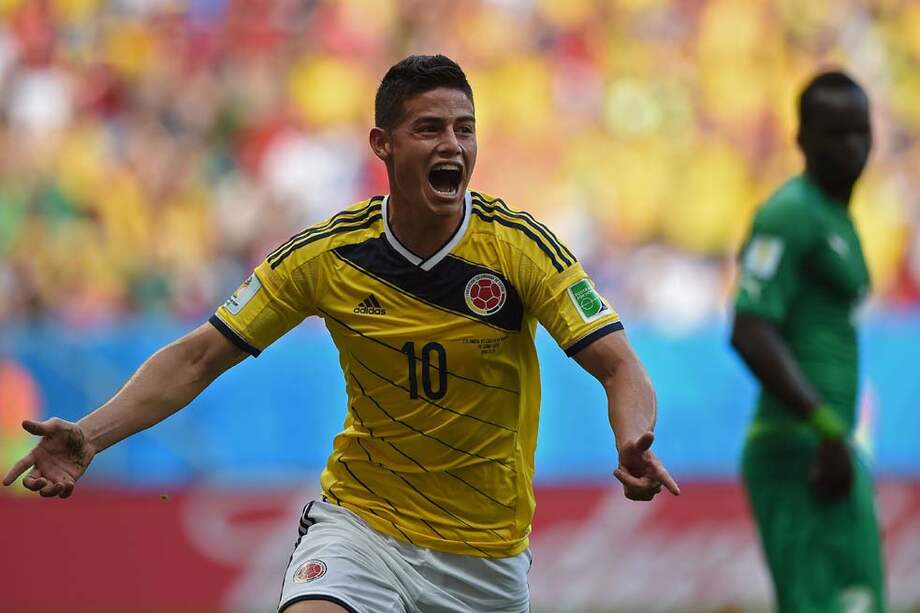 James Rodríguez celebra uno de los seis tantos que marcó en el Mundial de Brasil y que lo dejaron como el máximo goleador del torneo. / AFP