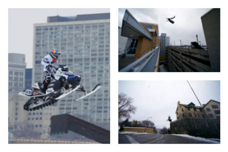 Recorrido extremo en medio de una ciudad en moto de nieve